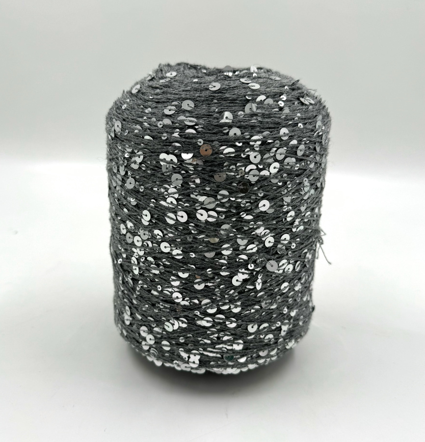 Пряжа Королевские пайетки Shine Pail, хлопок, цвет темно-серый, 98% хлопок, 2% па, цвет темно-серый, Китай — фото пряжи Cozy Wool